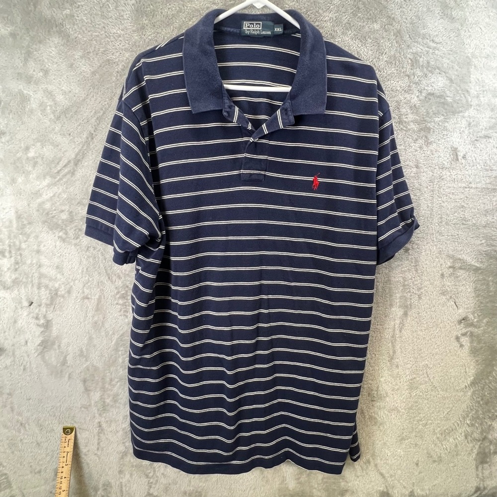 Polo Ralph Lauren Mens XXL Navy Blue White Striped Short Sleeve Polo Shirt Pony